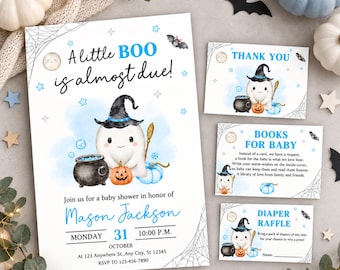A Little Boo Is Almost Due Baby Shower Invitation Bundle, Blue Ghost Boy Baby Shower Invite, Spooky Baby Shower Invite, Halloween Baby Games