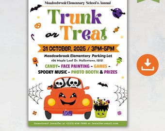 Edytowalne zaproszenie na imprezę „Trunk or Treat”, ulotka „Trunk or Treat”, ulotka „Trunk or Treat” dla szkoły lub kościoła, zaproszenie na imprezę z okazji Halloween, „Cukierek albo psikus”