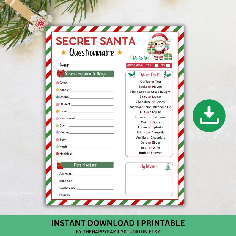 Secret Santa Questionnaire, Secret Santa Wish List, Secret Santa Gift Exchange for Co-workers ...