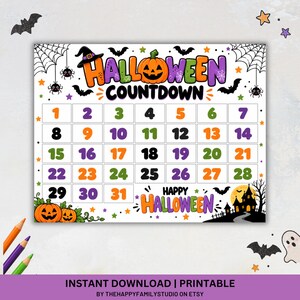 May include: A rectangular Halloween countdown calendar featuring a grid of numbers from 1 to 31 in orange, purple, green, and black. The design includes illustrations of a jack-o'-lantern, bats, spiderwebs, and a haunted house with the text HALLOWEEN COUNTDOWN and HAPPY HALLOWEEN.