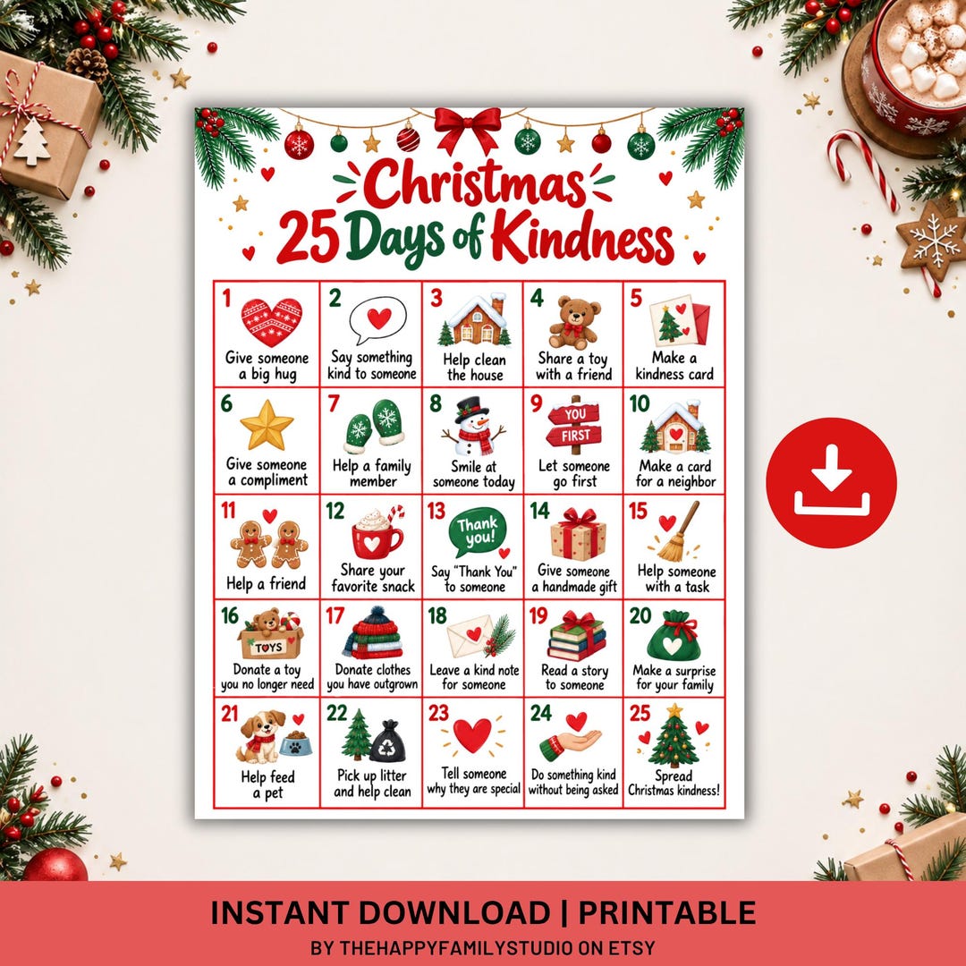 25 Days of Kindness Calendar, Christmas Acts of Kindness Calendar ...