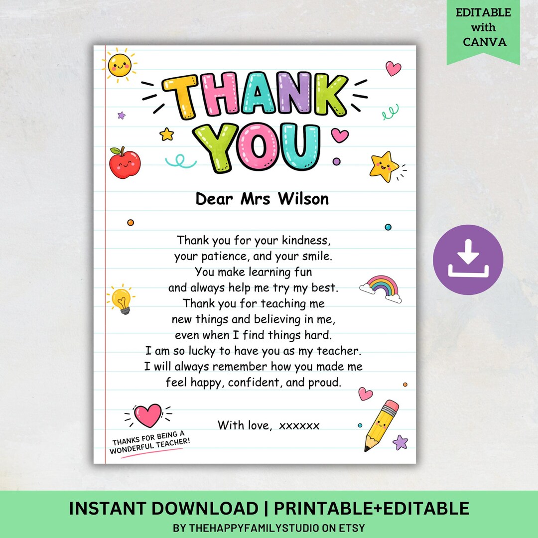 Editable Thank You Teacher Appreciation Letter, Student Gift for ...