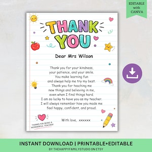 May include: A printable teacher thank you card with the words "THANK YOU" in colorful bubble letters. The card includes a handwritten message, a download icon, and the text "EDITABLE with CANVA". The card is designed with school-themed illustrations.