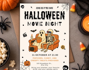 May include: A Halloween movie night invitation card featuring a ghost and a skeleton sitting on an orange couch, with text reading JOINS US IF YOU DARE HALLOWEEN MOVIE NIGHT, 31 OCTOBER AT 21:00, POPCORN, CANDY, AND CREEPY TREATS PROVIDED, 123 Anywhere St., Any City.