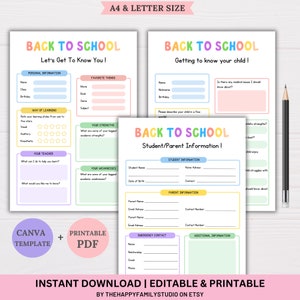 Back to School Questionnaire, Get to Know your Child, Parent Survey, Teacher Questionnaire, Child Information Form, Daycare Entry Form