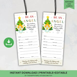 May include: Two white gift tags with black string, featuring the text "BE AN ANGEL" and a Christmas tree illustration. The tags include fill-in-the-blank sections for name, age, and wishlist, with the message "Share kindness this season and brighten a child's holiday!"