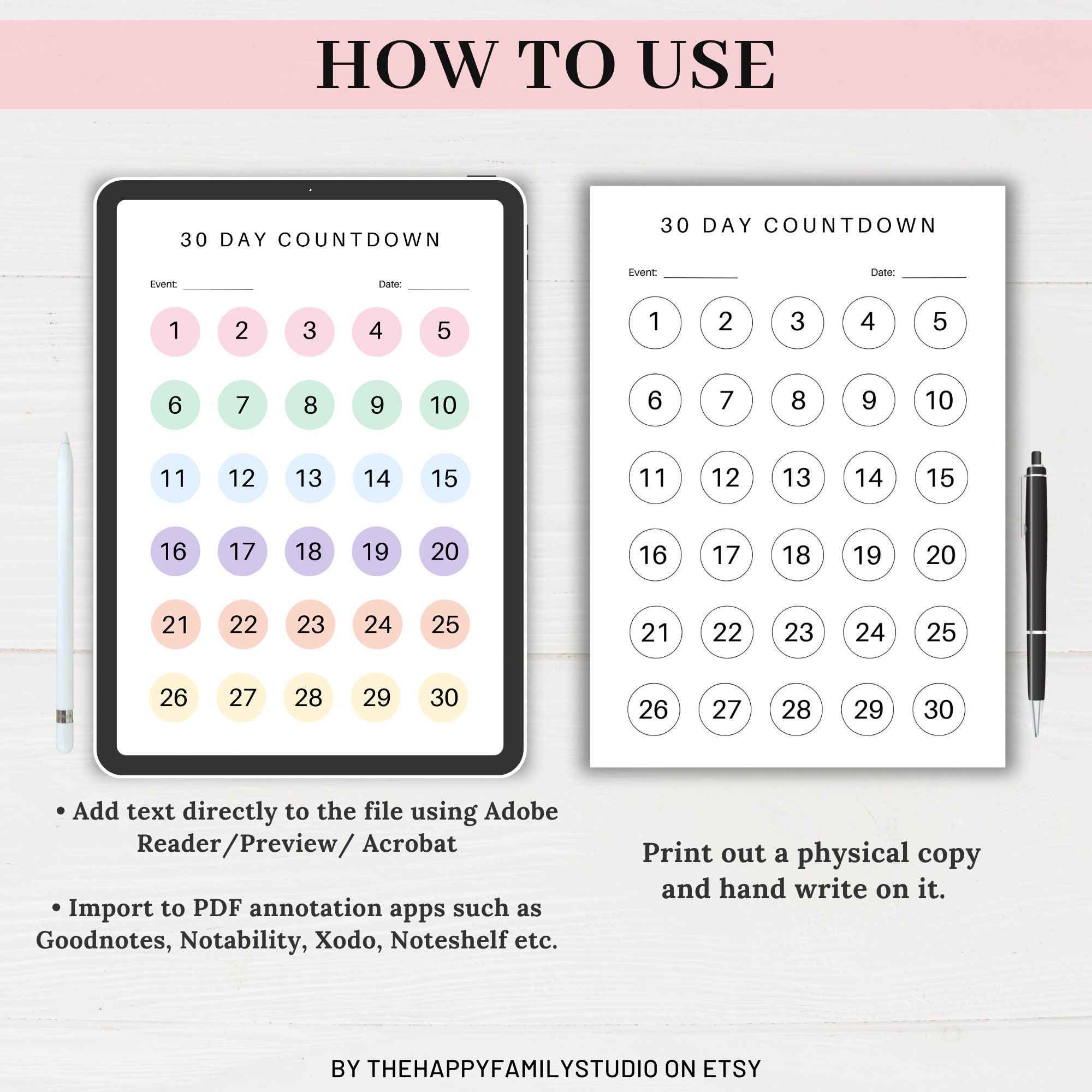 30,60,90,100 Day Countdown Printable Tracker, Countdown for Any