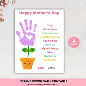 Druckbare Muttertag Handabdruck Kunst, DIY Mom Craft Geschenk, Muttertagsgedicht, Blumen Handabdruck Kunst, glückliche Mutter Tageskarte, Erinnerungsandenken