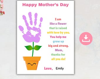 Printable Mother's Day Handprint Art, DIY Mom Craft Gift , Mothers Day Poem, Flower Handprint Art, Happy Mothers Day Card, Memory Keepsake