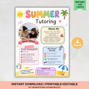 May include: A colorful flyer for summer tutoring services. The design includes a sun, palm tree, and beach elements. Text includes "Summer Tutoring" and details about the tutor, Olivia Wilson, and the services offered, such as reading and math.