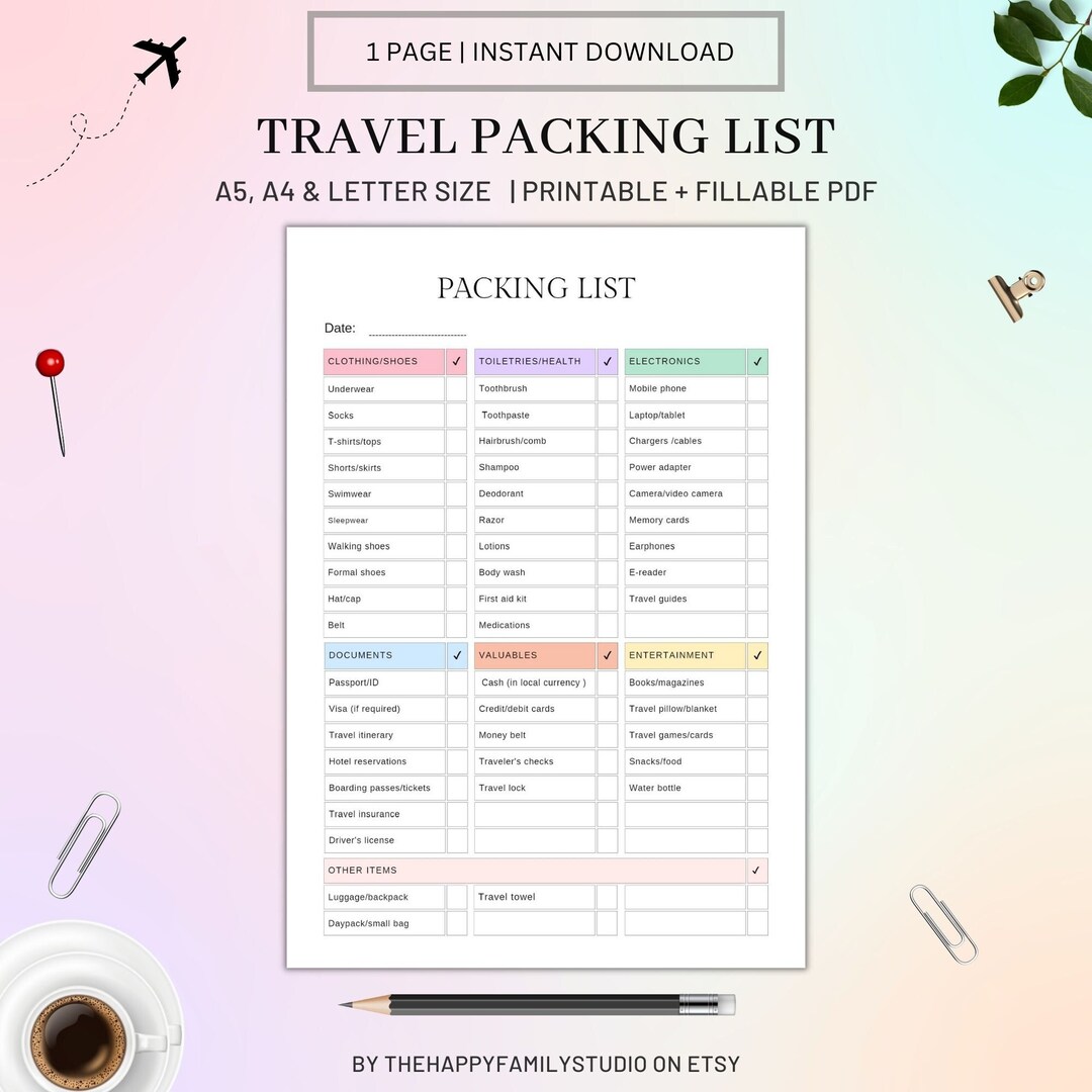 Printable Travel Packing List, Packing List Editable Template, Travel Checklist , Holiday ...
