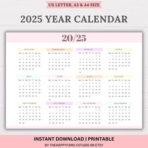 2025 Year Calendar Landscape, 2025 Yearly Wall Calendar Printable, 2025 Desk Calendar,  2025 Annual Calendar, A3 A4 Letter Monday & Sunday