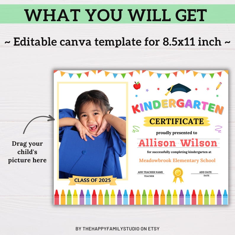 Kindergarten Graduation Diploma With Photo: Editable Canva Template ...