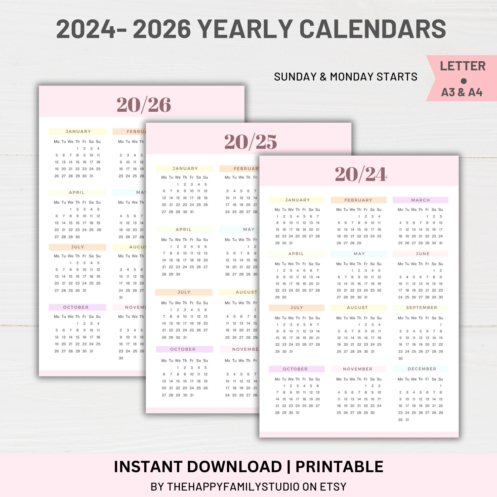 2024-2026 Yearly Calendar Printable, Year Wall Calendar, Yearly Planner ...