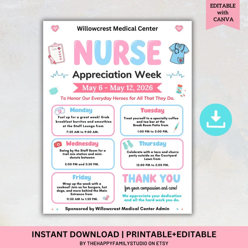 Clinic Weekly Program Examples Editable Nurse Appreciation Week Flyer Template, Hospital Staff Events ...