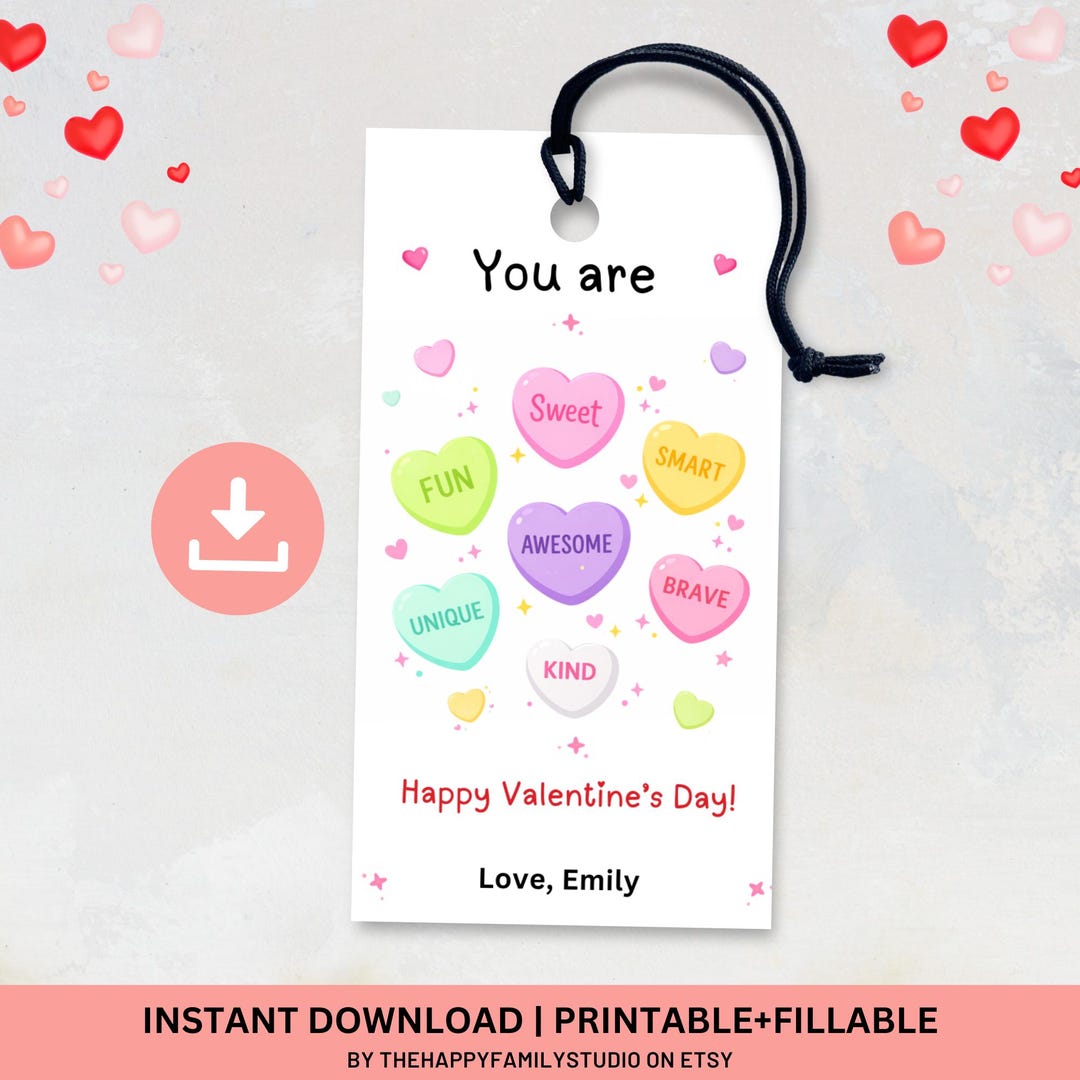 Candy Hearts Valentine's Day Tag, Conversation Hearts Gift Tag, Teacher ...