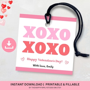 Bewerkbare tag voor Valentijnsdag, XOXO-valentijnskaart, Valentijnsdagcadeautag, snoeplabels klaslokaal, vierkante koekjestag