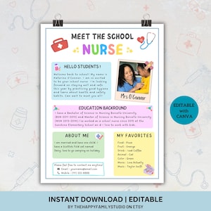 May include: A Meet the School Nurse flyer template featuring a photo of a nurse and student, sections for education background, personal facts, and contact information. The design includes medical icons like a first aid kit and stethoscope.