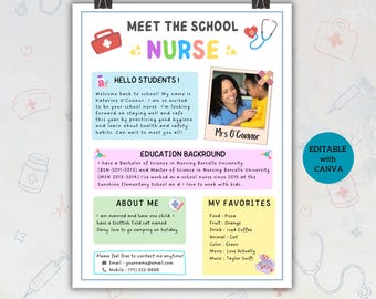 Puede incluir: Una plantilla de folleto Meet the School Nurse con una foto de una enfermera y un estudiante, secciones para antecedentes educativos, datos personales e información de contacto. El diseño incluye iconos médicos como un botiquín y estetoscopio.