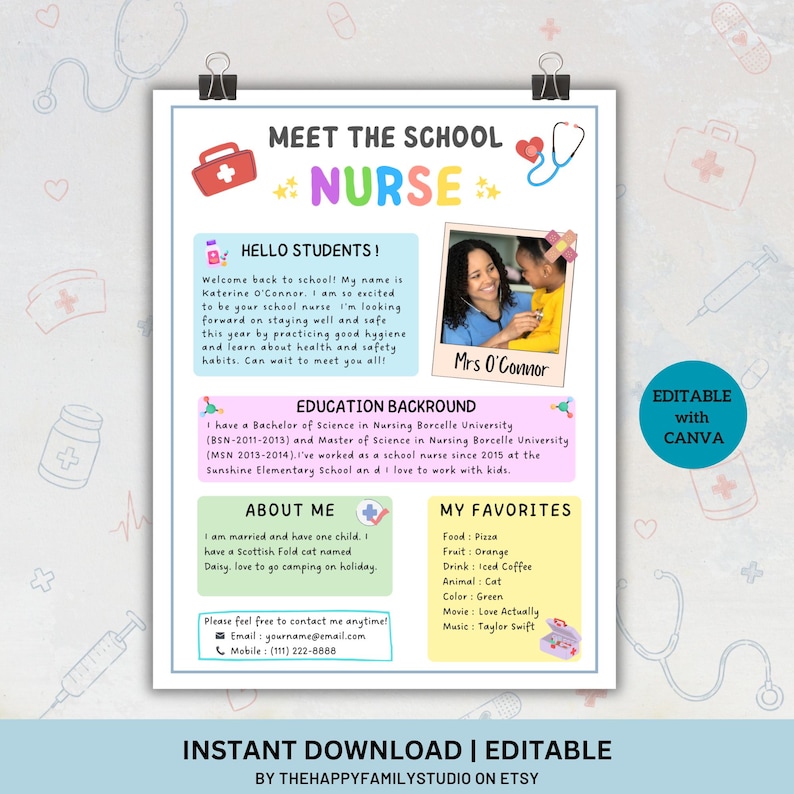 Puede incluir: Una plantilla de folleto Meet the School Nurse con una foto de una enfermera y un estudiante, secciones para antecedentes educativos, datos personales e informaci&oacute;n de contacto. El dise&ntilde;o incluye iconos m&eacute;dicos como un botiqu&iacute;n y estetoscopio.