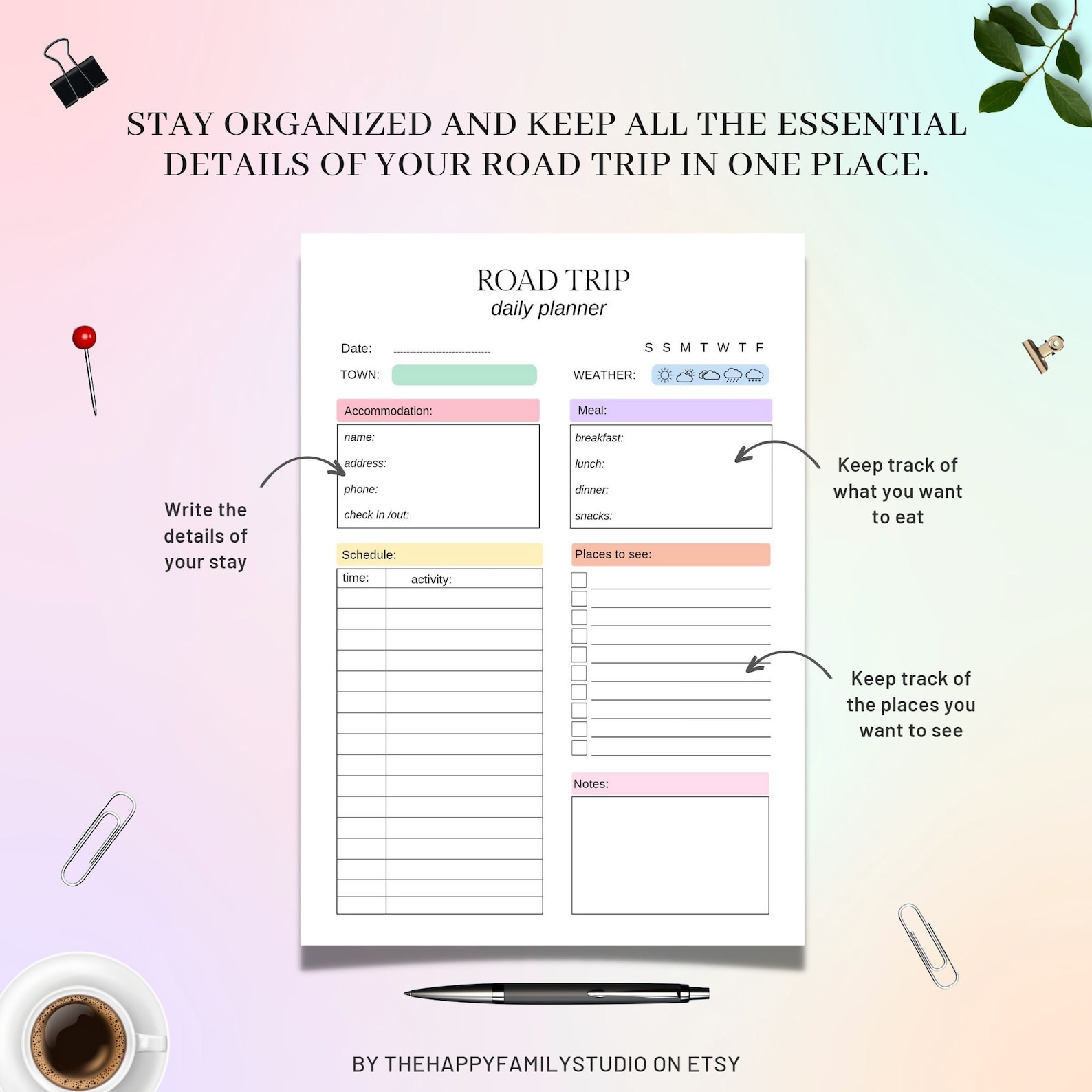 Daily Road Trip Planner Printable, Road Trip Itinerary, Family Road