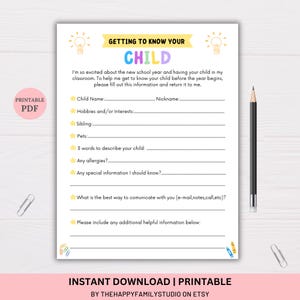 Back to School Questionnaire, Get to Know your Child, Parent Survey,  Child Information Form, Beginning of Year Parent Survey