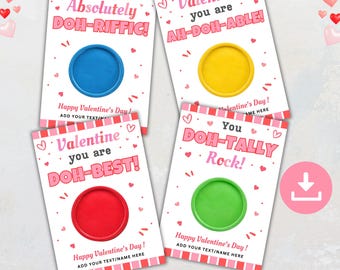 Dough Valentine Cards, Printable Classroom Valentine Gift, Kids Non-Candy Favor Tags, Valentine’s Day Classmate Cards