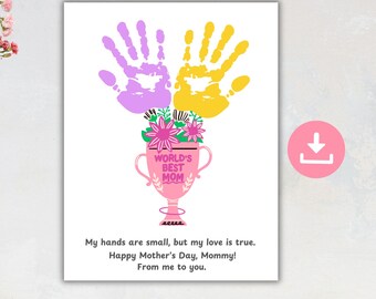 Moederdag handafdruk bloemenkunst, beste moedertrofee Moederdagcadeau, Moederdag aandenken, handafdruk ambachtelijke activiteitenpagina voor mama