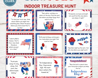 4th of July Indoor Scavenger Hunt Clue Cards, Fourth of July Treasure Hunt Clues, Patriotic Game, Independence Day Printable Activity