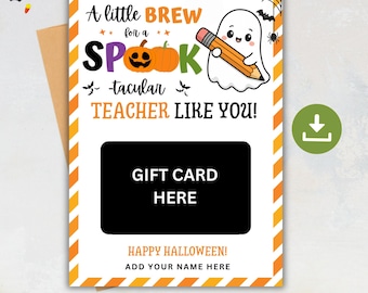 Halloween Teacher Gift Card Holder Printable, Spooktacular Teacher Appreciation Card, Halloween Thank You Tag, Coffee Gift Card Holder