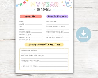 Kid's Year in Review Printable, Year Review Activity, New Years Resolution Worksheet for Kids, Time Capsule for Kids, Year Memory Worksheet