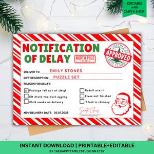 Notificación editable de regalo de Navidad retrasado, carta de regalo tardío de Papá Noel, aviso de regalo de Navidad retrasado, regalo de Navidad perdido