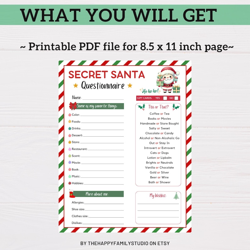 Secret Santa Questionnaire, Secret Santa Wish List, Secret Santa Gift ...