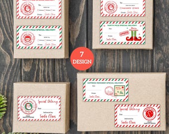May include: Printable Christmas gift tags with a red and green striped design. The tags feature a North Pole theme with Santa Claus and elves. The text on the tags includes "North Pole Special Delivery", "Merry Christmas", "Special Delivery", and "Express Reindeer Special Delivery".