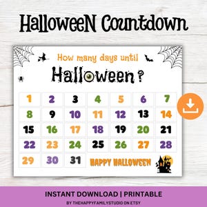 Puede incluir: Un calendario de cuenta regresiva de Halloween con fondo blanco, con una cuadrícula de días numerados del 1 al 31 en varios colores. El título "Halloween Countdown" está en la parte superior, con la pregunta "How many days until Halloween?" en el centro.