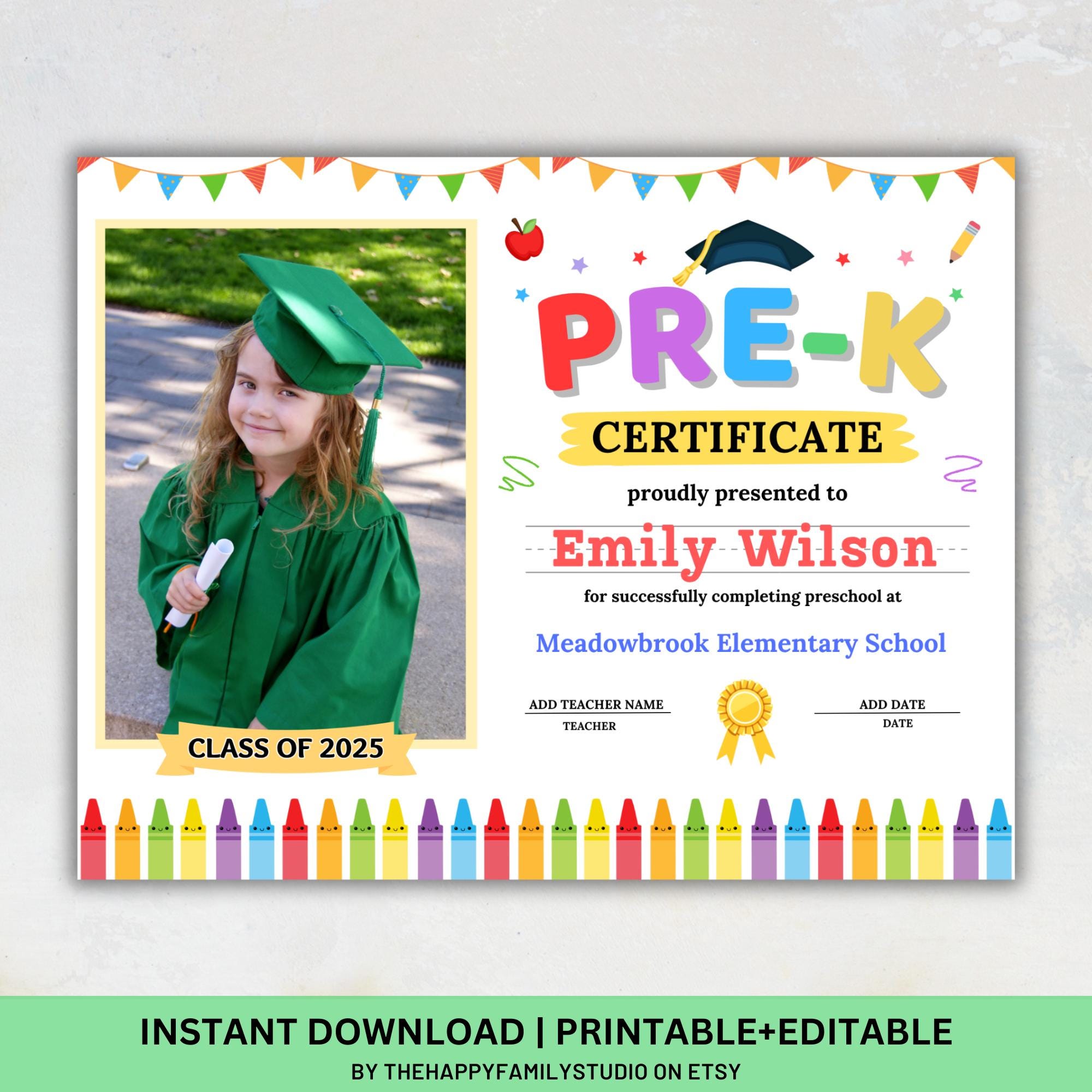 Pre-K Graduation Diploma Template with Photo (Digital Download, Canva Editable)