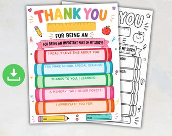 Regalo stampabile per la Settimana di apprezzamento degli insegnanti, lettera di ringraziamento per la Settimana di apprezzamento degli insegnanti, biglietto da colorare per bambini, regalo di ringraziamento di fine anno scolastico