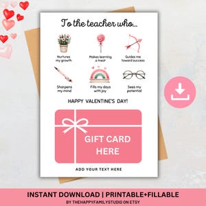 Porte-cartes cadeau imprimable pour professeur, cadeau de remerciement pour professeur, cadeau de remerciement pour professeur d'école, carte de Saint-Valentin pour professeur d'école