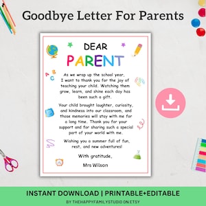 Carta editable de fin de curso para padres, regalo para el último día de clases, regalo para maestros, tarjeta para padres y maestros, carta de agradecimiento para padres.
