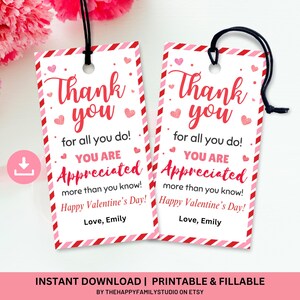 Printable Valentine Thank You Tags, Teacher  Valentines Appreciation Tag, Valentine Thank You Staff Gift Tag, Coworker Valentine Gift