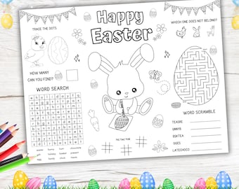 Easter Activity Placemat for Kids, Printable Easter Bunny Coloring Placemat, Kids Classroom Activity Kids Coloring Page