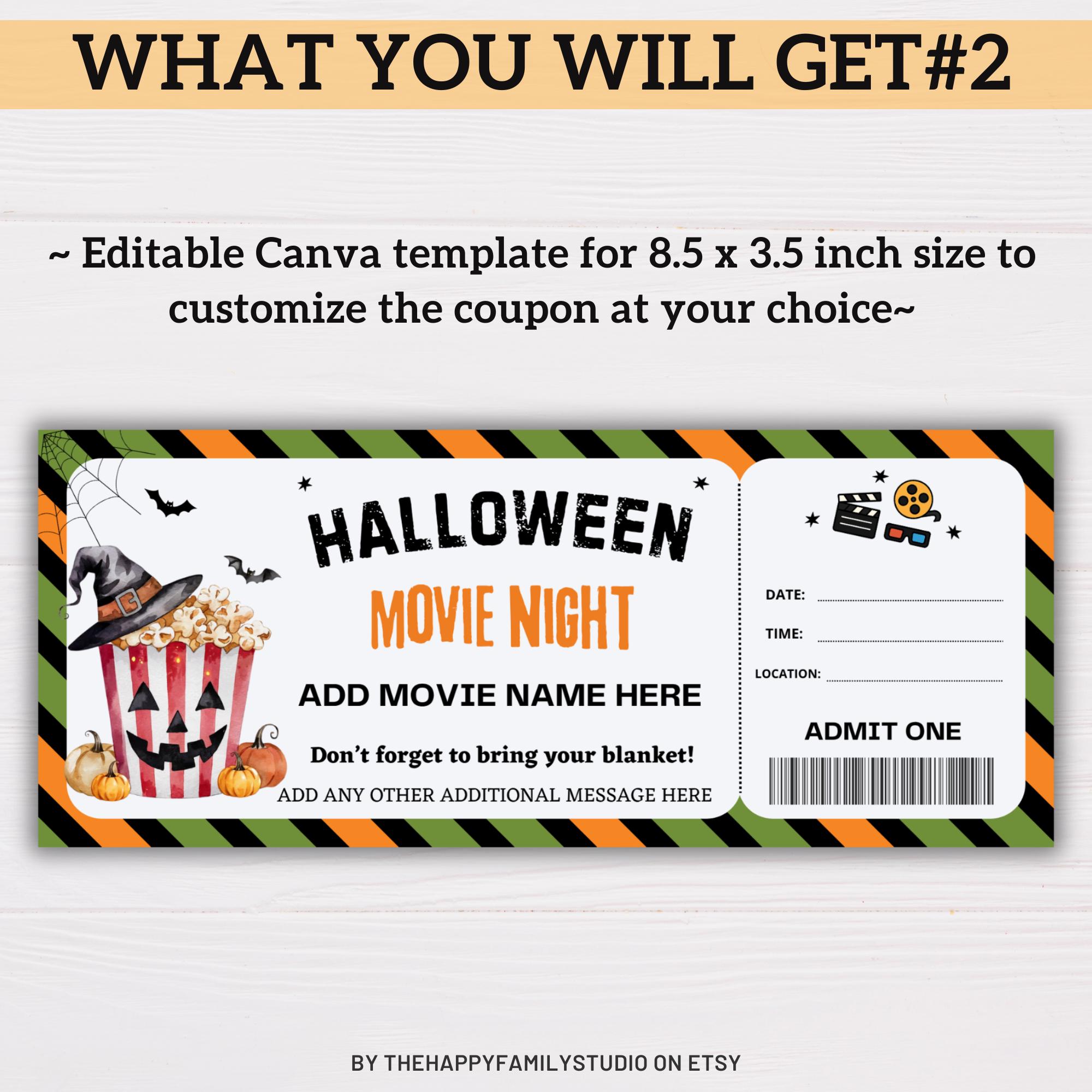 Editable Halloween Movie Night Ticket Template, Spooky Halloween Movie ...
