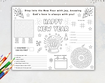 Tovaglietta per attività per bambini di Capodanno 2026, tovaglietta per attività bibliche per la chiesa di Capodanno, giochi cristiani di Capodanno, pagina da colorare per la scuola parentale