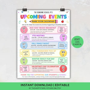 May include: A colorful school event flyer titled THE SUNSHINE SCHOOL PTO UPCOMING EVENTS. The document features a lined paper background, a yellow pencil graphic, and six distinct sections listing dates from September to February with event details.