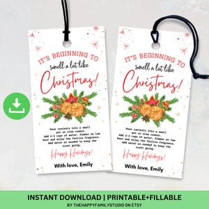 Op de afbeelding: Twee witte kerstcadeaulabels met zwart touw. De labels lezen "It's beginning to smell a lot like Christmas!" in rood script. Elk label heeft een feestelijke illustratie van sinaasappels, steranijs en groen. De onderkant van het label zegt "Happy Holidays!"