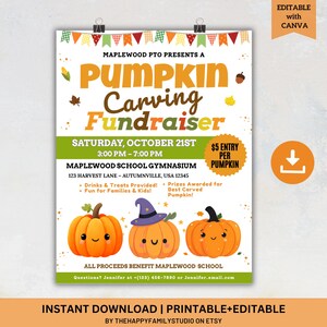 May include: A printable flyer for a pumpkin carving fundraiser. The design features orange pumpkins with smiling faces, a purple witch hat, and fall-themed decorations. The flyer includes event details, such as the date, time, location, and entry fee.