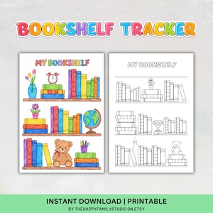 Könnte beinhalten: Ein druckbarer Bücherregal-Tracker mit zwei Seiten, die mit My Bookshelf betitelt sind. Eine Seite ist farbig mit Büchern, einem Globus, einem Teddybären und einer Uhr. Die zweite Seite ist eine Schwarz-Weiß-Strichzeichnung zum Ausmalen.