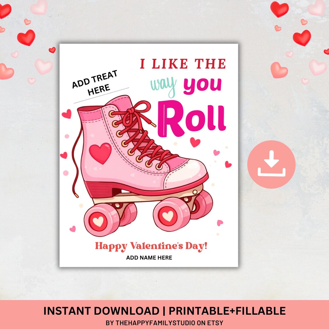 Roller Skate Valentine Card Printable, Roll Valentine Treat Holder ...