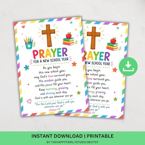 May include: A printable prayer card for a new school year featuring a brown cross, a cup of colored pencils, and a stack of books with a red apple. The text reads: PRAYER FOR A NEW SCHOOL YEAR, followed by a poem and the Bible verse Joshua 1:9.