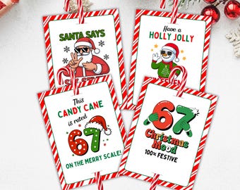 Può includere: Quattro etichette regalo a tema natalizio con manici a bastoncino di zucchero. Ogni etichetta ha un bordo a righe rosse e bianche e presenta grafiche festive di Babbo Natale, un pupazzo di neve e frasi di festa come "Santa Says" e "Have a Holly Jolly."